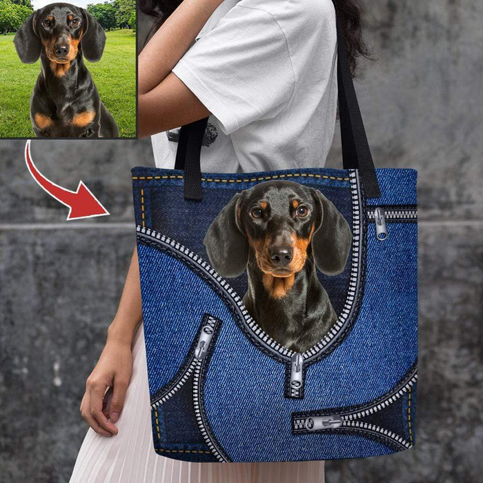 Gosszy Custom Upload Photo Dog Jean Zipper Tote Bag, Best Gift For Puppy Owner, Dog Lover Gift Tote Bag