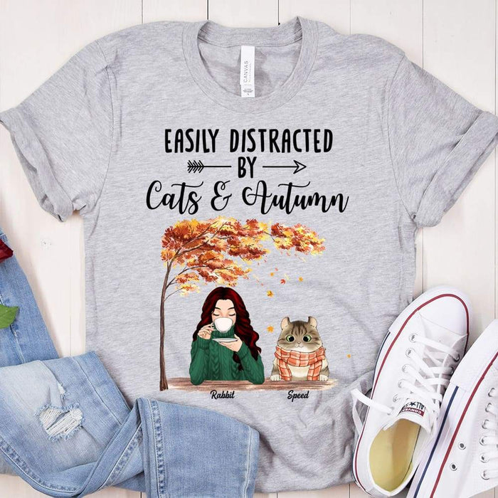 Gosszy Easily Distracted By Cat And Autumn Shirt, Cat Lover Gift Tshirt Basic Tee / White / S