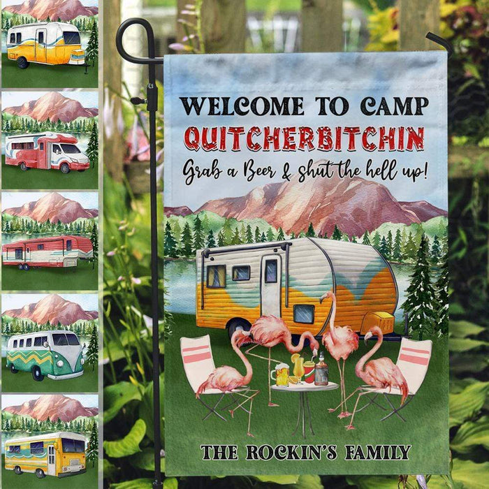 Gosszy Flamingo Welcome To Camp Garden Flag, Camping Gift, 12x18 Inch Garden Flag Without Pole / 12x18 Inch / Polyester