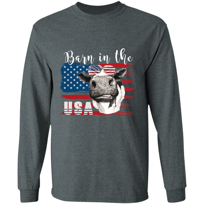 CustomCat Gosszy - Barn in the us - cow - tshirt Apparel G240 Gildan LS Ultra Cotton T-Shirt / Dark Heather / S