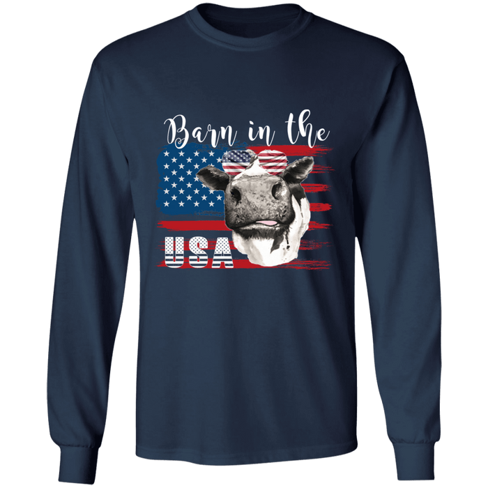 CustomCat Gosszy - Barn in the us - cow - tshirt Apparel G240 Gildan LS Ultra Cotton T-Shirt / Navy / S