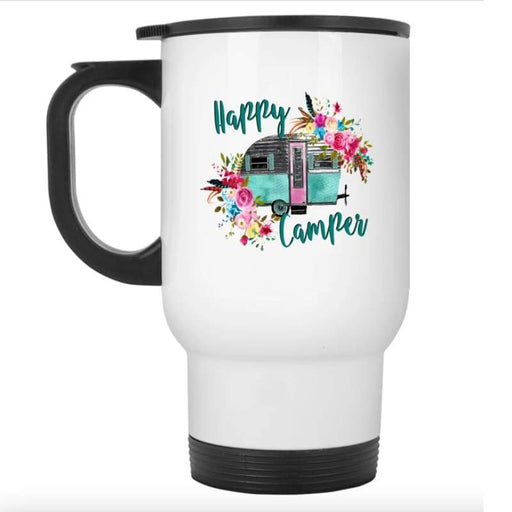 CustomCat Gosszy - Happy camper White Travel Mug Drinkware White / One Size