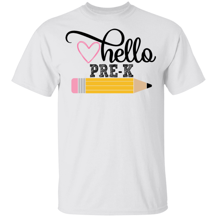 CustomCat Gosszy - Hello Pre-K grade Apparel G500B Youth 5.3 oz 100% Cotton T-Shirt / White / YXS