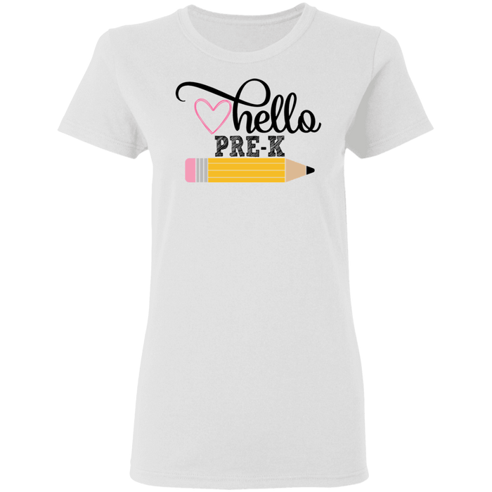 CustomCat Gosszy - Hello Pre-K grade Apparel G500L Ladies' 5.3 oz. T-Shirt / White / S