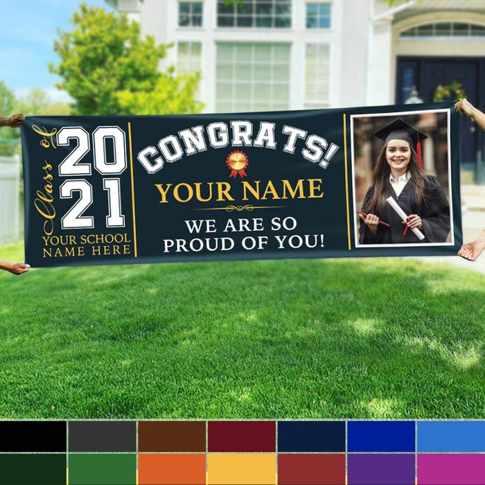 Gosszy Gosszy - Personalized Congrats Class of 2021 Banner With Custom Image, Quotes & School Name Can Be Changed, Horizontal Banner, Graduation Party Banner Banner 108 x 36 Inch / Vinyl Fabric / Horizontal Banner