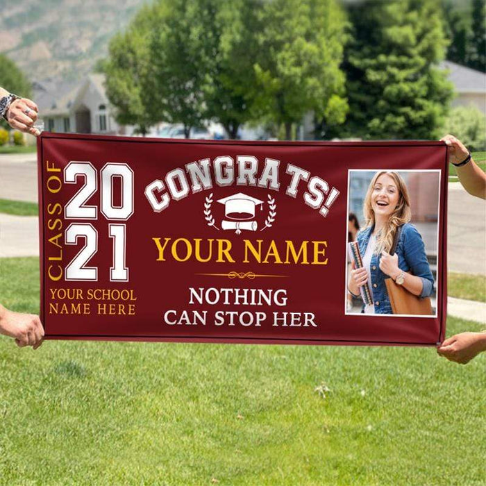 Gosszy Gosszy - Personalized Congrats Class of 2021 Banner With Custom Image, Quotes & School Name Can Be Changed, Horizontal Banner, Graduation Party Banner Banner 52 x 24 Inch / Vinyl Fabric / Horizontal Banner