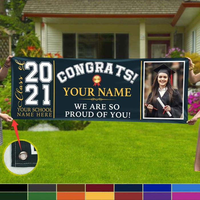 Gosszy Gosszy - Personalized Congrats Class of 2021 Banner With Custom Image, Quotes & School Name Can Be Changed, Horizontal Banner, Graduation Party Banner Banner 60 x 20 Inch / Vinyl Fabric / Horizontal Banner