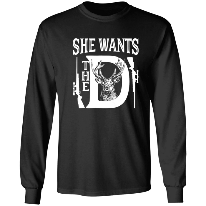 CustomCat Gosszy - she want..D, deerhunting - tshirt Apparel G240 Gildan LS Ultra Cotton T-Shirt / Black / S