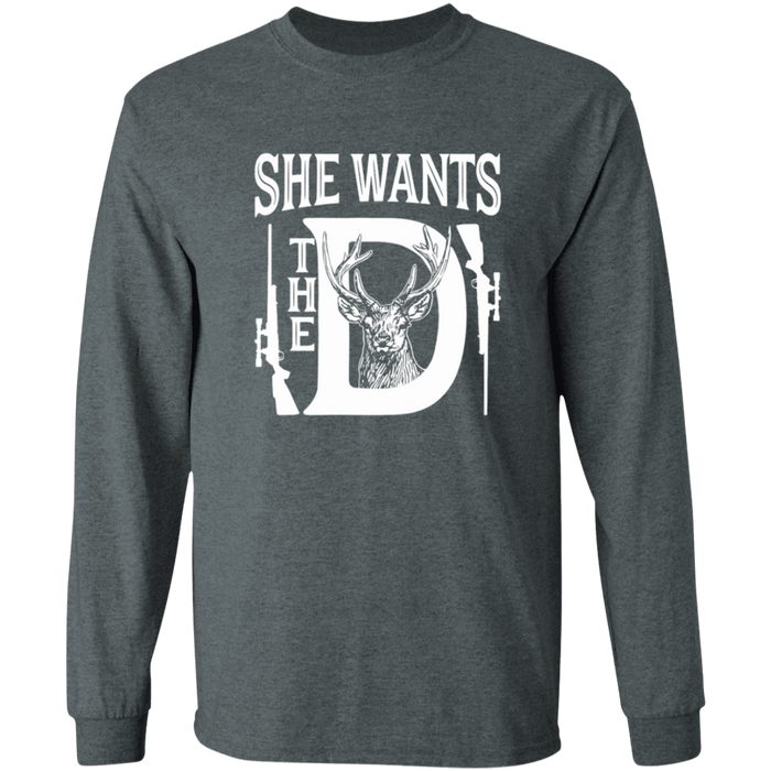 CustomCat Gosszy - she want..D, deerhunting - tshirt Apparel G240 Gildan LS Ultra Cotton T-Shirt / Dark Heather / S