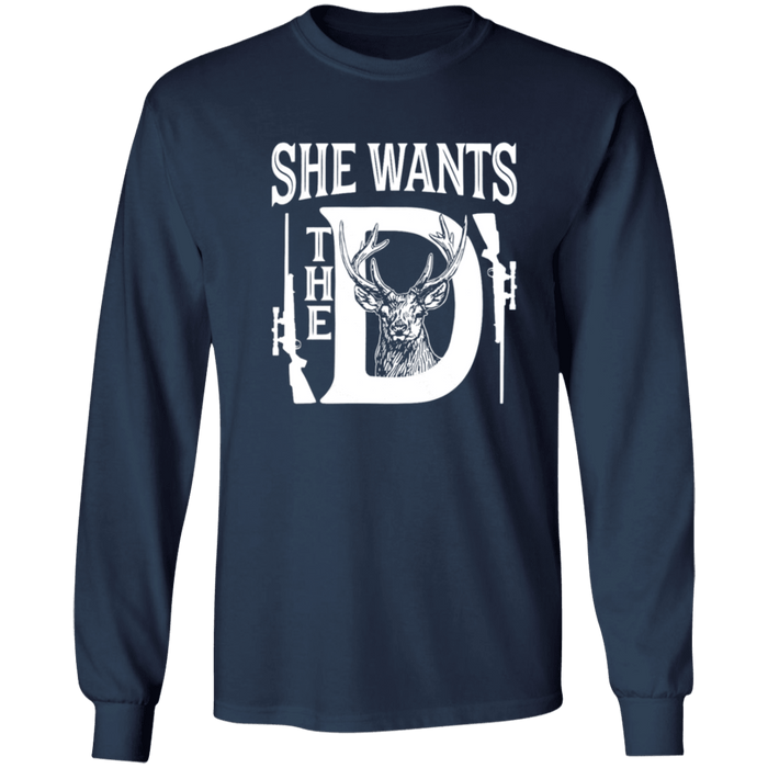 CustomCat Gosszy - she want..D, deerhunting - tshirt Apparel G240 Gildan LS Ultra Cotton T-Shirt / Navy / S