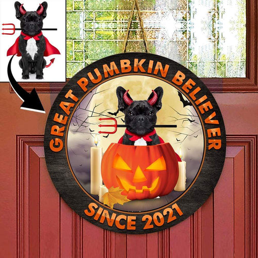 Gosszy Great Pumbkin Belivever Upload imange Wood Door Sign, Halooween Gift Door Sign 12 Inch