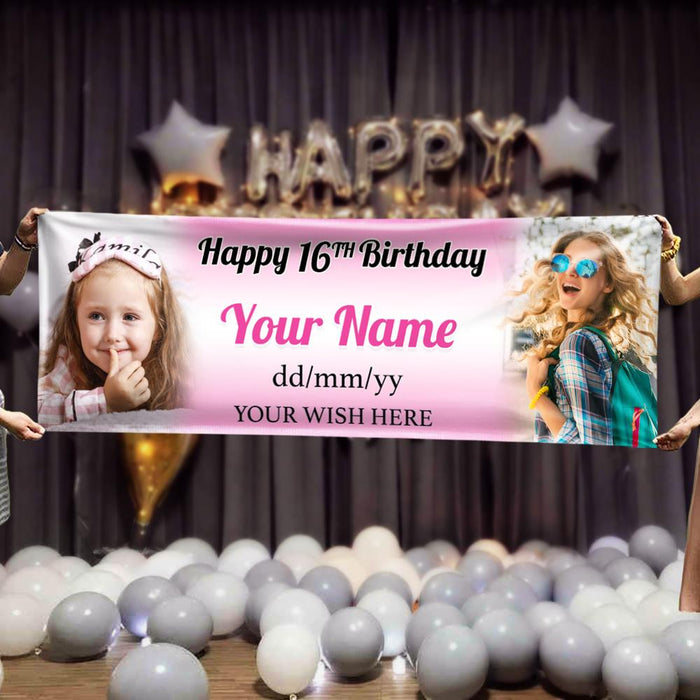 Gosszy Happy Birthday Banner With 2 Photos Children Baby, Birthday Decoration Banner 60 x 20 inch