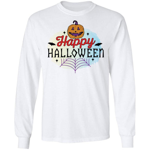 CustomCat Happy Halloween Pumpkin Shirts, Funny Halloween Gift Apparel G240 LS Ultra Cotton T-Shirt / White / S