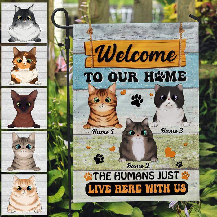 Gosszy Human Just Live Here With Us Flag, Cat Lover Gift, Holiday Garden Flags Garden Flag WITHOUT POLE / 12 x 18 Inch / Polyester