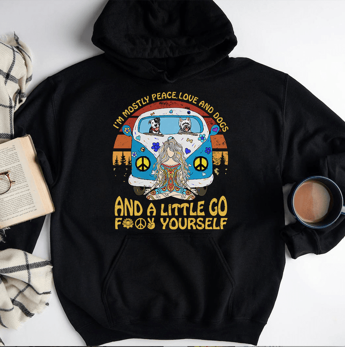 Gosszy Im Mostly Peace Love And Dog T-shirt, Dog Lover Gift, Hippie Gift Tshirt Pullover Hoodie / Black Color / S