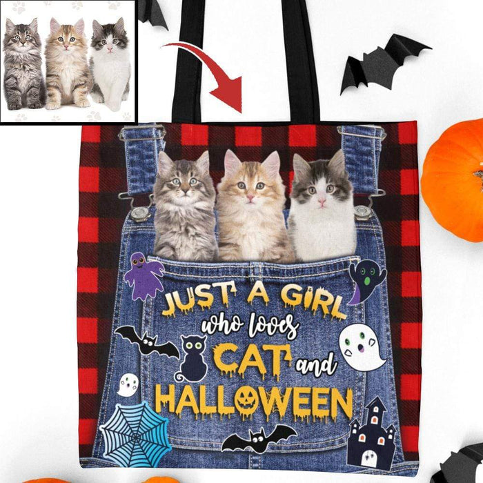 Gosszy Just A Girl Who Love Cat And Halloween Upload Photo Tote Bag, Cat Lover Gift, Halloween Gift Tote Bag