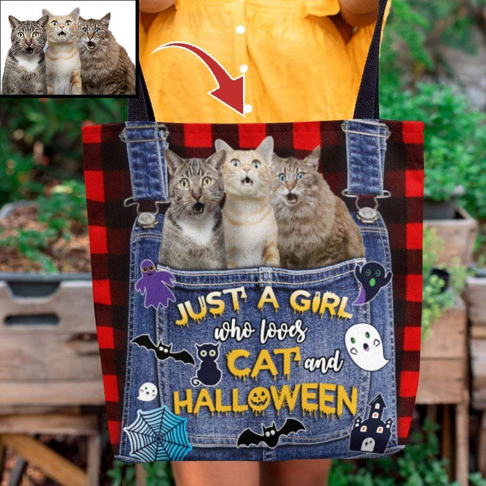 Gosszy Just A Girl Who Love Cat And Halloween Upload Photo Tote Bag, Cat Lover Gift, Halloween Gift Tote Bag