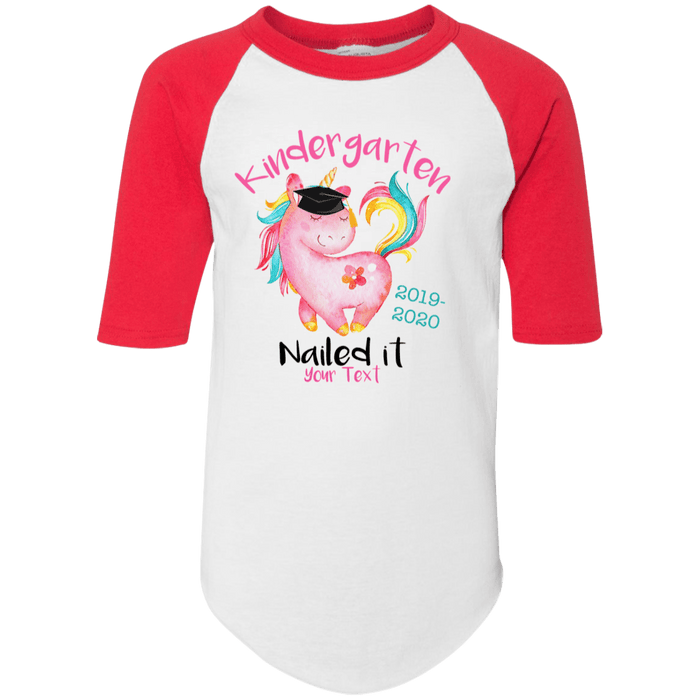 CustomCat Kindergarten Nailed it Tshirt, Graduation Day, Senior Gift Apparel 4421 Youth Colorblock Raglan Jersey / White/Red / YS