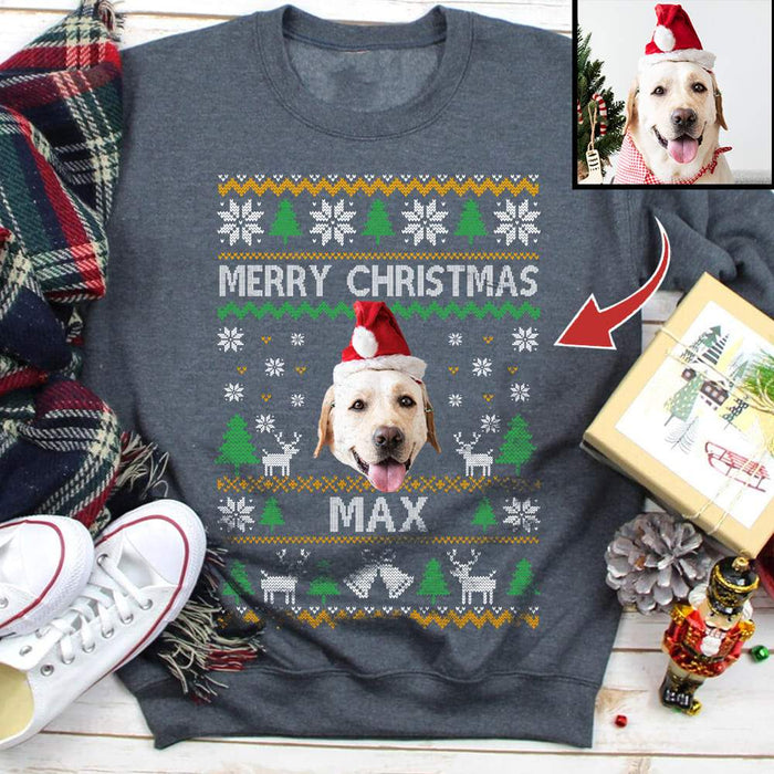 Gosszy Merry Christmas Custom Photo T-shirt, Dog Love Gift, Cat Love Gift, Upload Pet Christmas sweatshirt Tshirt Basic T-Shirt / Black / S