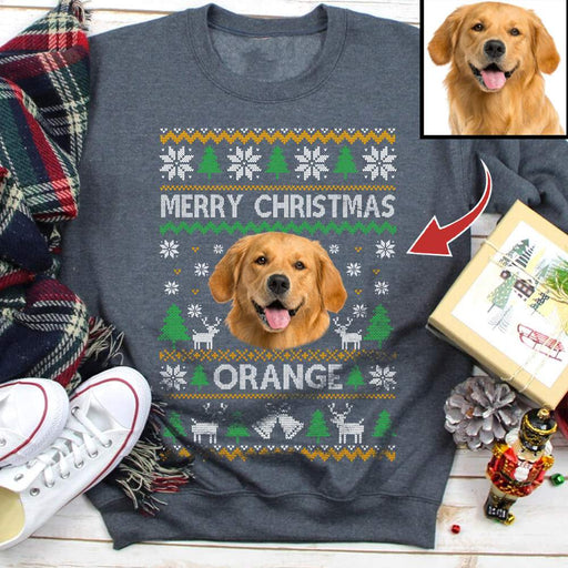 Gosszy Merry Christmas Custom Photo T-shirt, Dog Love Gift, Cat Love Gift, Upload Pet Christmas sweatshirt Tshirt Pullover Hoodie / Black Color / S