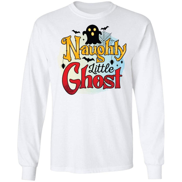 CustomCat Naughty Little Ghost Halloween Shirts, Funny Halloween Gift Apparel G240 LS Ultra Cotton T-Shirt / White / S