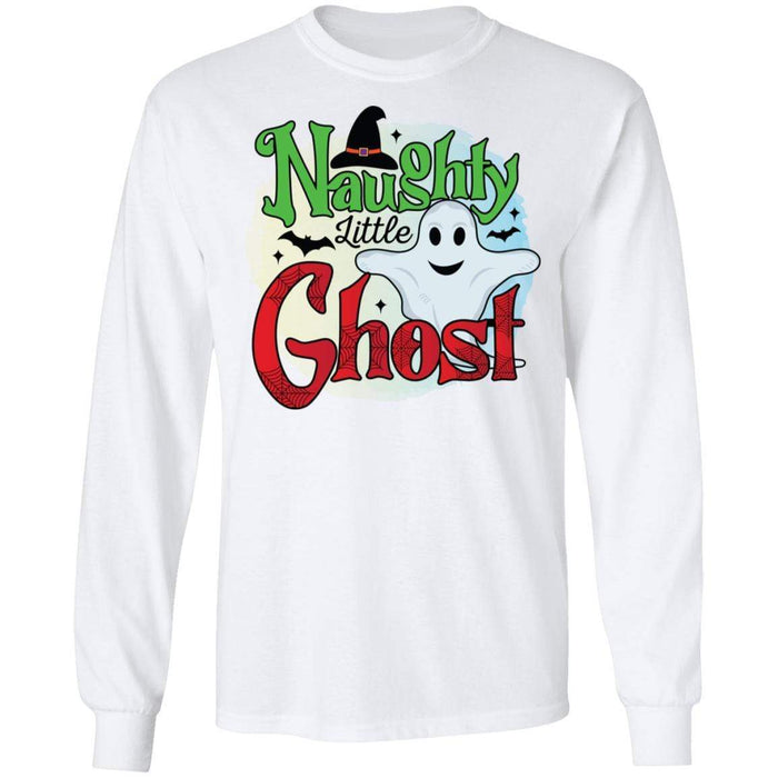 CustomCat Naughty Little Ghost Shirt, Funny Halloween Shirt Apparel G240 LS Ultra Cotton T-Shirt / White / S