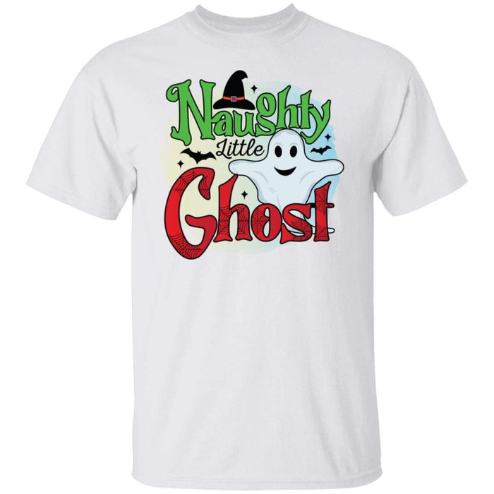 CustomCat Naughty Little Ghost Shirt, Funny Halloween Shirt Apparel G500 5.3 oz. T-Shirt / White / S