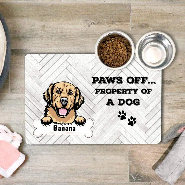 Gosszy Paws Off Property Of A Dog Food Placemat, Dog Lover Gift Food Mat 10 x 16 Inch / PU Leather + PVC