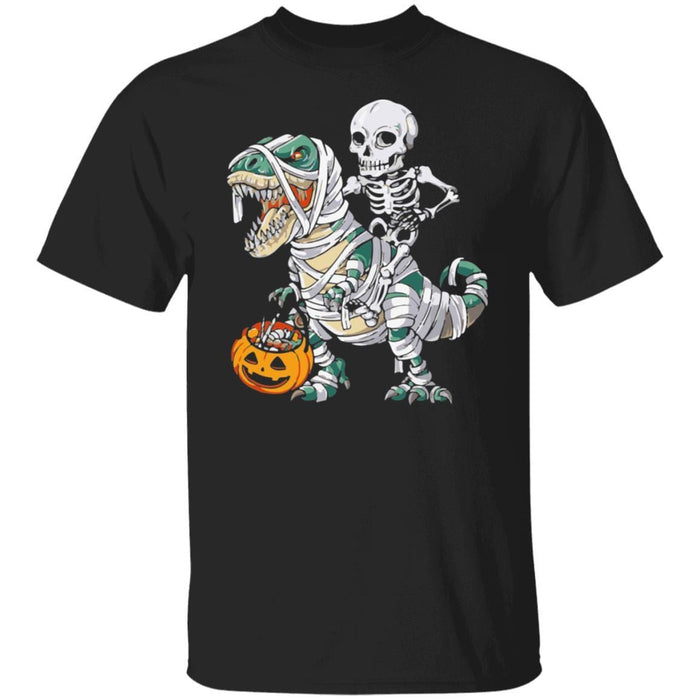 CustomCat Skeleton Riding Dinosaur Halloween T-shirt, Halloween Gift Apparel Basic T-Shirt / Black / S