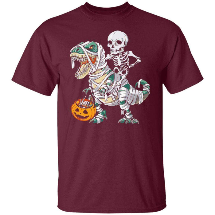 CustomCat Skeleton Riding Dinosaur Halloween T-shirt, Halloween Gift Apparel Basic T-Shirt / Maroon / S