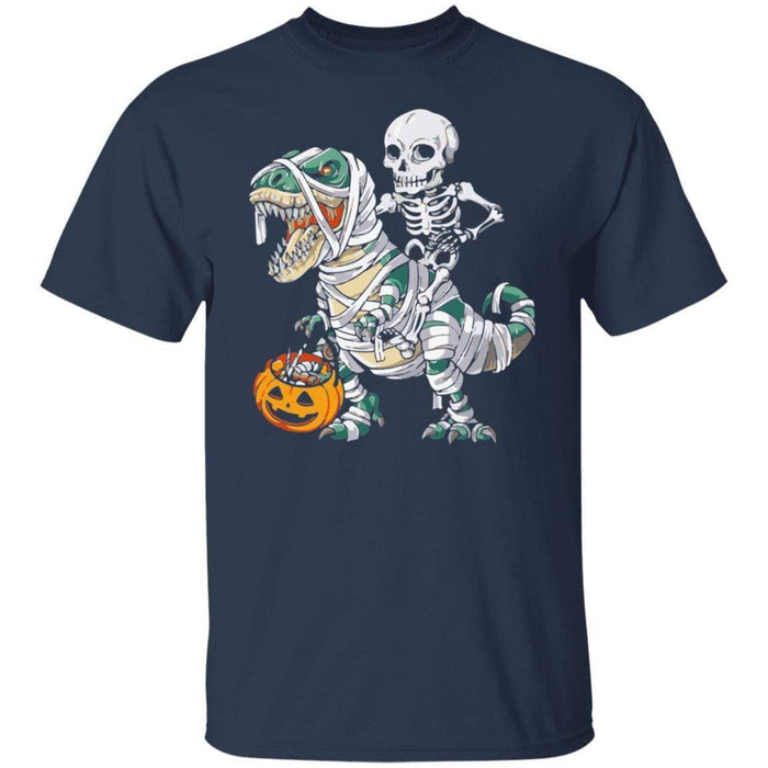 CustomCat Skeleton Riding Dinosaur Halloween T-shirt, Halloween Gift Apparel Basic T-Shirt / Navy / S