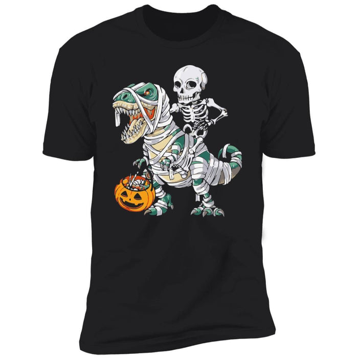 CustomCat Skeleton Riding Dinosaur Halloween T-shirt, Halloween Gift Apparel Premium Short Sleeve Tee / Black / S