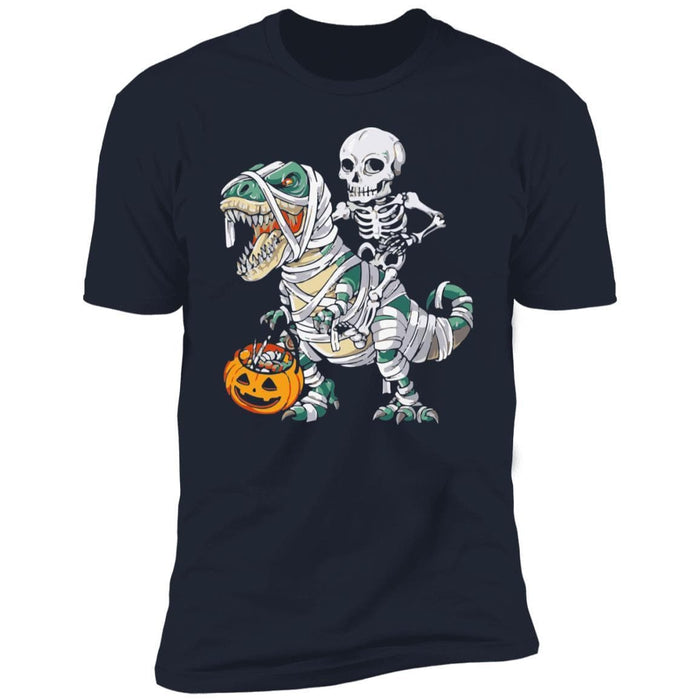 CustomCat Skeleton Riding Dinosaur Halloween T-shirt, Halloween Gift Apparel Premium Short Sleeve Tee / Midnight Navy / S