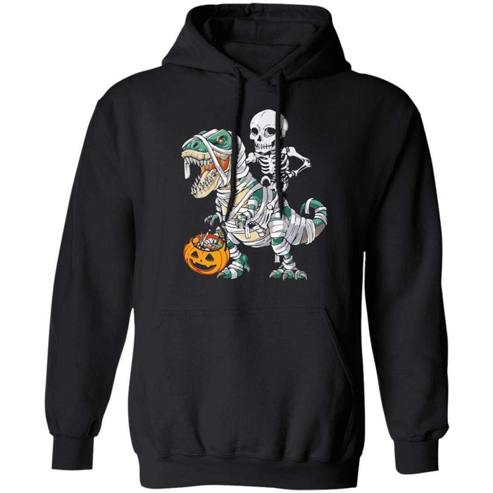 CustomCat Skeleton Riding Dinosaur Halloween T-shirt, Halloween Gift Apparel Pullover Hoodie / Black / S