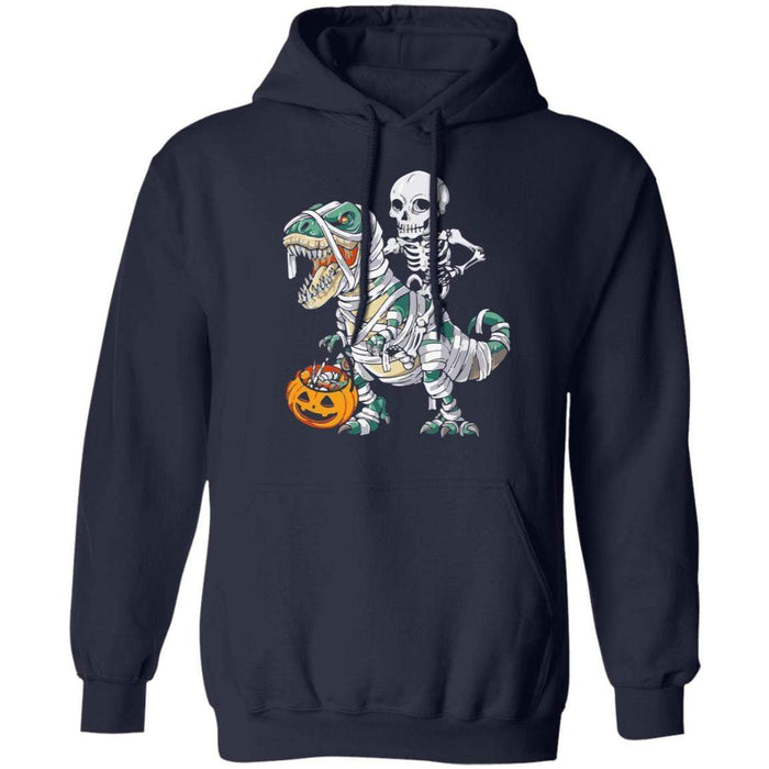 CustomCat Skeleton Riding Dinosaur Halloween T-shirt, Halloween Gift Apparel Pullover Hoodie / Navy / S