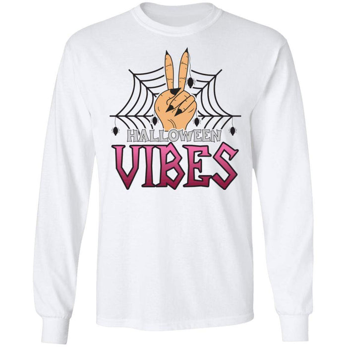 CustomCat Vibes Halloween Shirts, Halloween Gift Apparel G240 LS Ultra Cotton T-Shirt / White / S