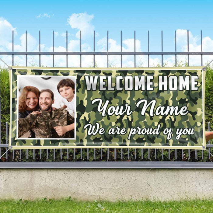 Gosszy Welcome Home camouflage Banner, father day gift, gift idea for soldier Banner