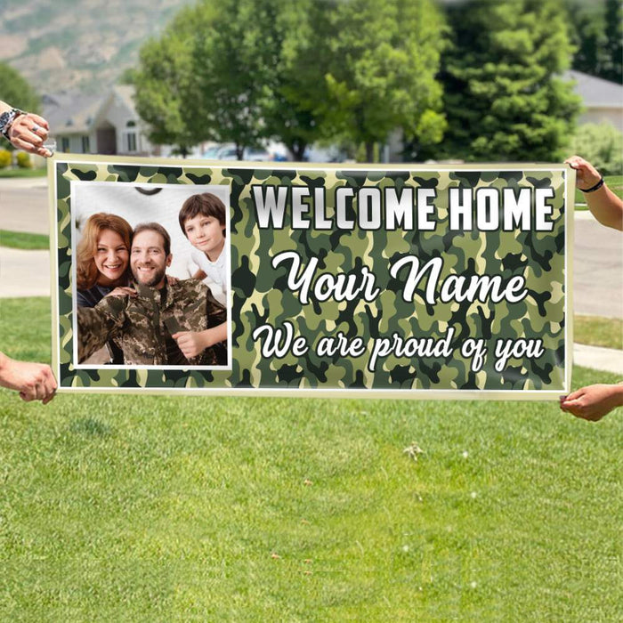 Gosszy Welcome Home camouflage Banner, father day gift, gift idea for soldier Banner 39x18 inch