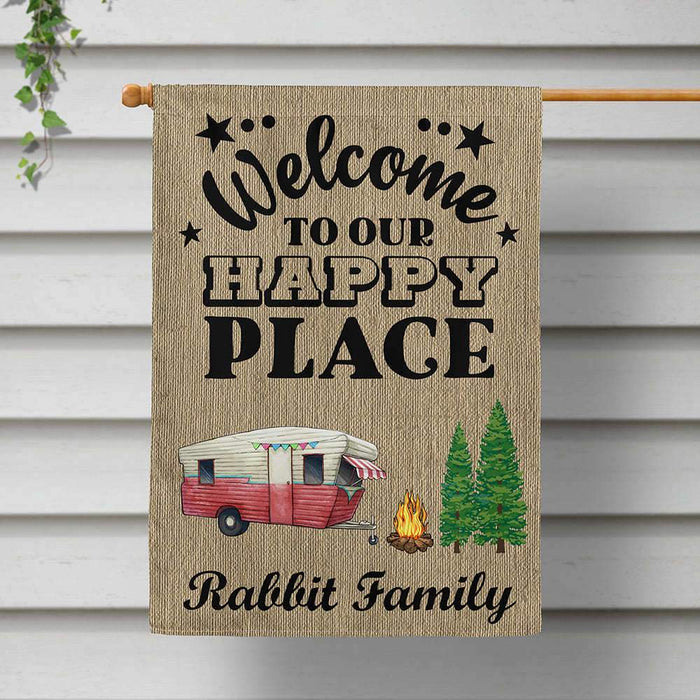 Gosszy Welcome To Our Happy Place Camping Flag With Motorhome & Name, Camping Gift Garden Flag