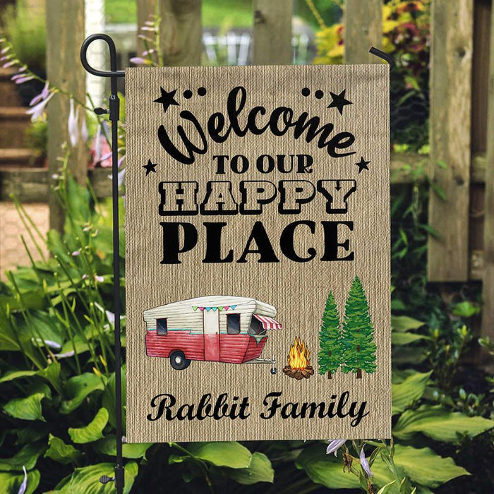 Gosszy Welcome To Our Happy Place Camping Flag With Motorhome & Name, Camping Gift Garden Flag