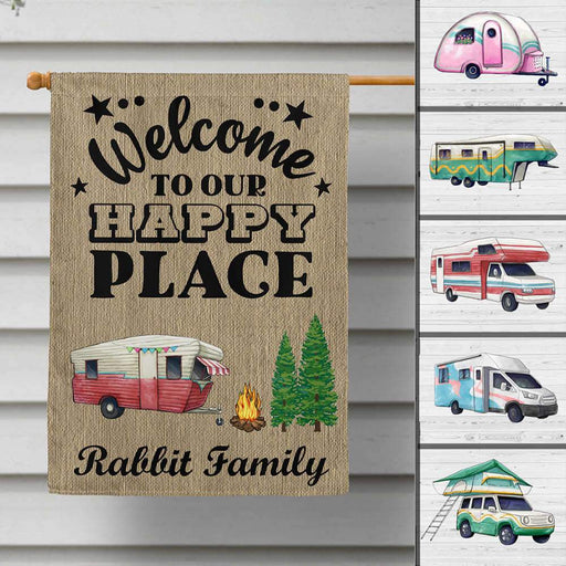 Gosszy Welcome To Our Happy Place Camping Flag With Motorhome & Name, Camping Gift Garden Flag WITHOUT POLE / 12 x 18 Inch / Polyester