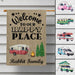 Gosszy Welcome To Our Happy Place Camping Flag With Motorhome & Name, Camping Gift Garden Flag WITHOUT POLE / 12 x 18 Inch / Polyester