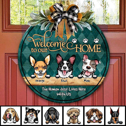 Gosszy Welcome To Our Home The Human Just Lives Here With Us Wood Door Sign, Dog Lover Gift Flower Door Sign 12 Inch