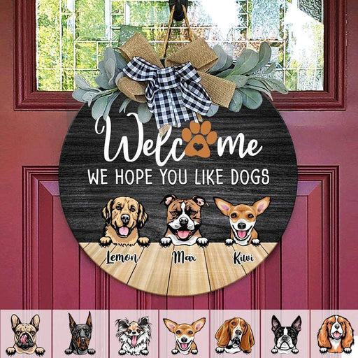 Gosszy Welcome We Hope You Like Dog Wood Door Sign, Dog Lover Gift, Front Door Wreath Flower Door Sign 12 Inch