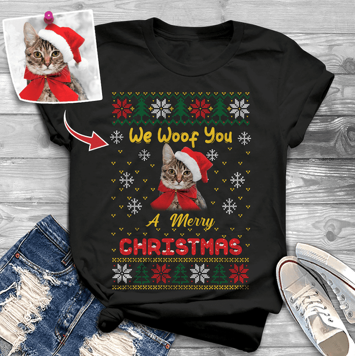 We Woof You A Merry Christmas Custom Photo T-shirt, Dog Love Gift, Upload Pet Christmas sweatshirt