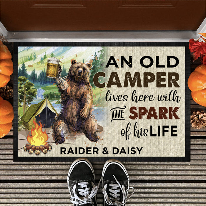 An Old Camper Live Here With The Spark Of His Life Camping Doormat, Camping Gift