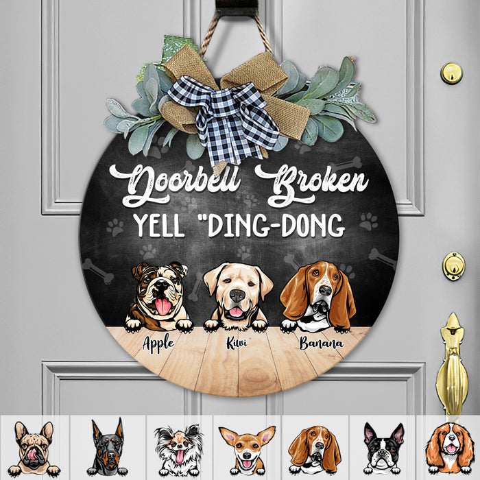 Doorbell Broken, Yell "Ding-Dong" Dog Wooden Door Sign With Wreath, Dog Lover Gift, Dog Door Hanger