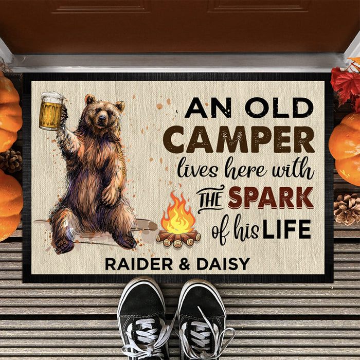 An Old Camper Live Here With The Spark Of His Life Camping Doormat, Camping Gift