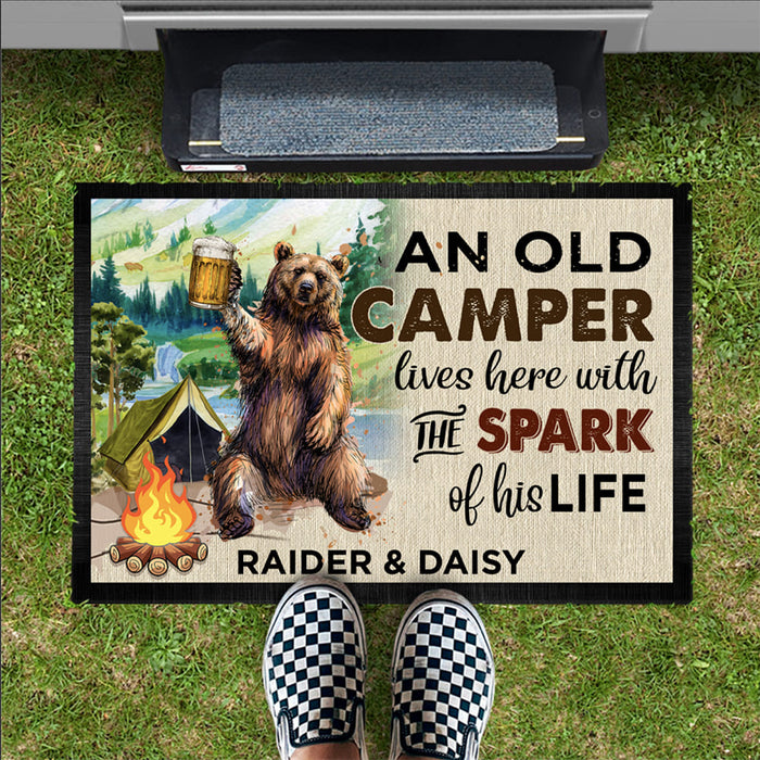 An Old Camper Live Here With The Spark Of His Life Camping Doormat, Camping Gift