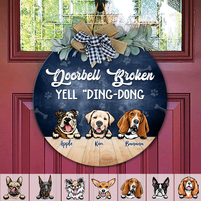 Doorbell Broken, Yell "Ding-Dong" Dog Wooden Door Sign With Wreath, Dog Lover Gift, Dog Door Hanger